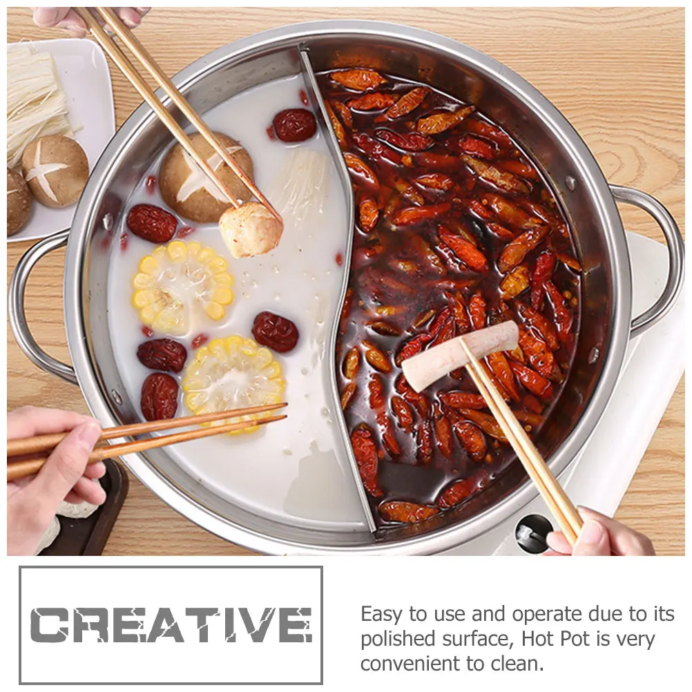 

Stainless SteelPot 34cm Divider Hot Pot Food Cooking Silver H Reusable Easy Clean Kitchen Barware Two Flavor