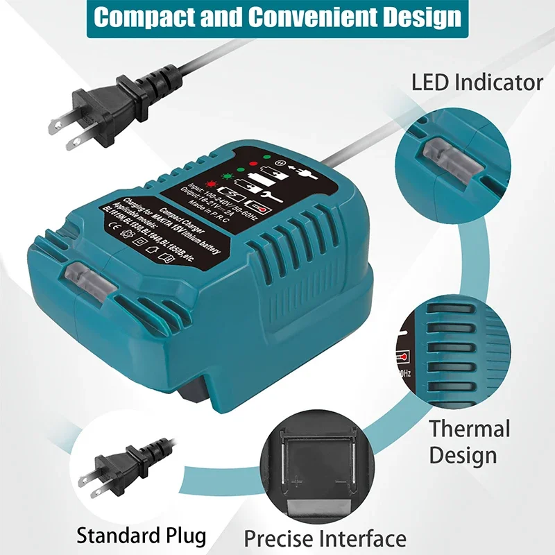 12V/24V 100-240V Li-ion Battery Mini Compact Car Charger for Makita 18V Lithium Ion Battery BL1860 BL1830 Replacement for DC18RC