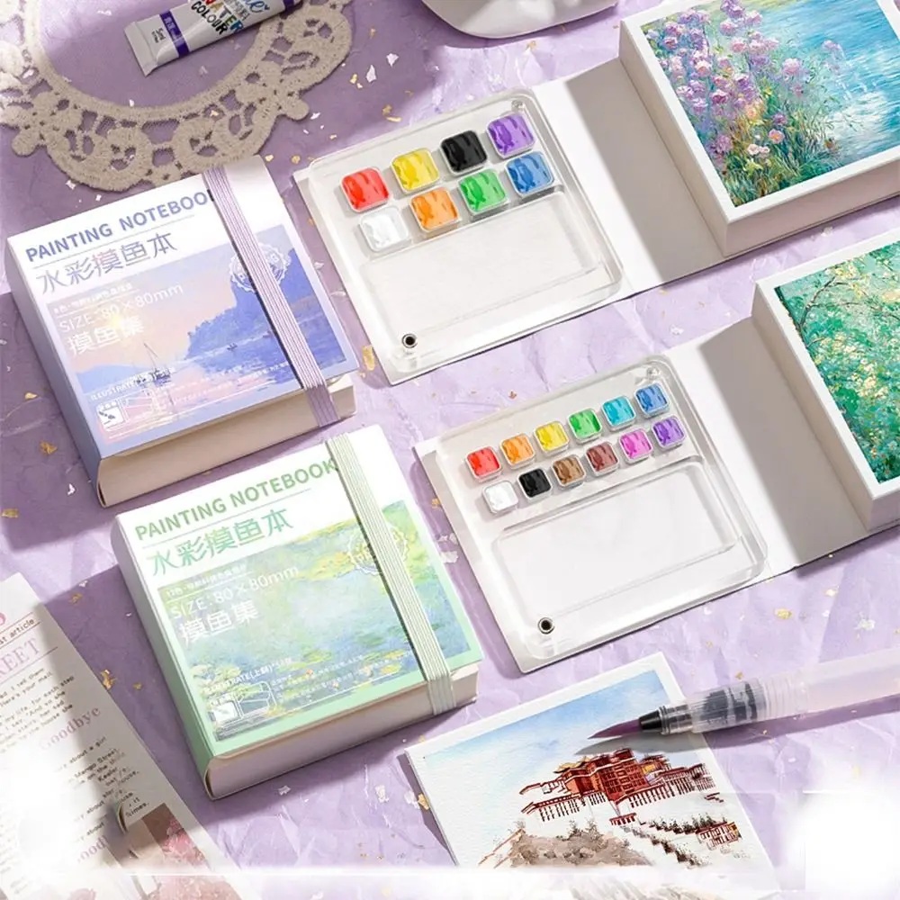 with Paint Palette Tearable Painting Book Travel Watercolor Palette Grid Paint Box Watercolor Paint Book Notebook Acrylic