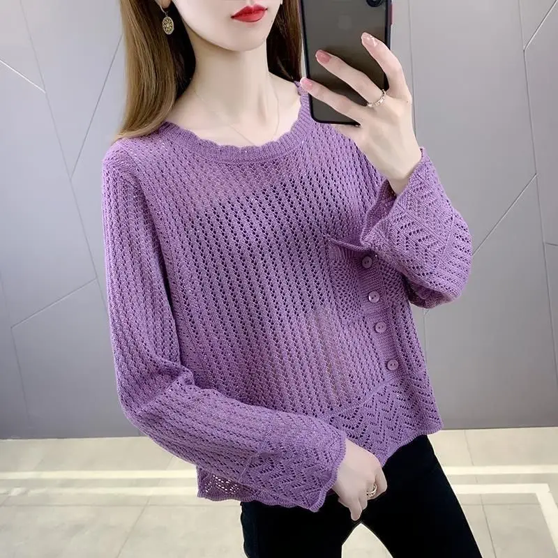 

2024 Autumn Spring New O-neck Hollow Out Pullover Women Long Sleeve Casual Basic Bottom Shirt Soft Knit Female Sweater Top A21