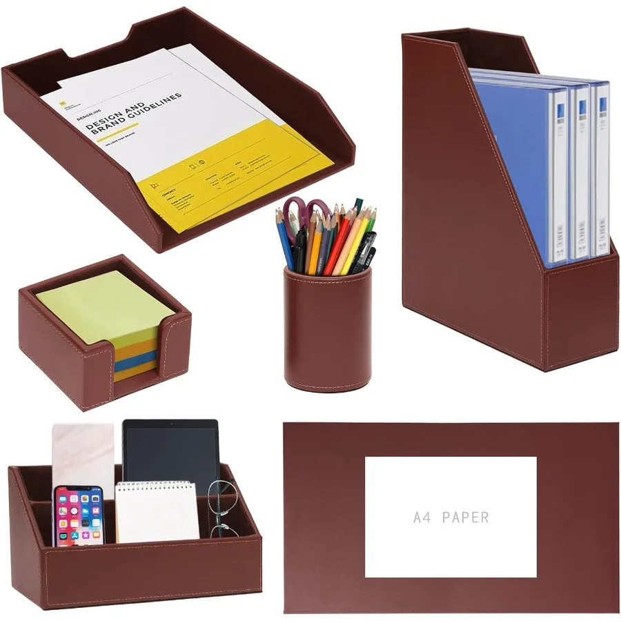 6 Piece Office Supplies Desk Organizer Set with Desktop Leather Writing PadFile Paper Tray Magazine folder Holder Pen Cup Stick