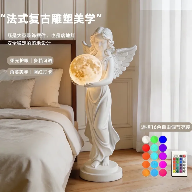 French Retro Style Angel Statue Floor Lamp Large Ornament for Living Room Sofa Side High End Home Decoration