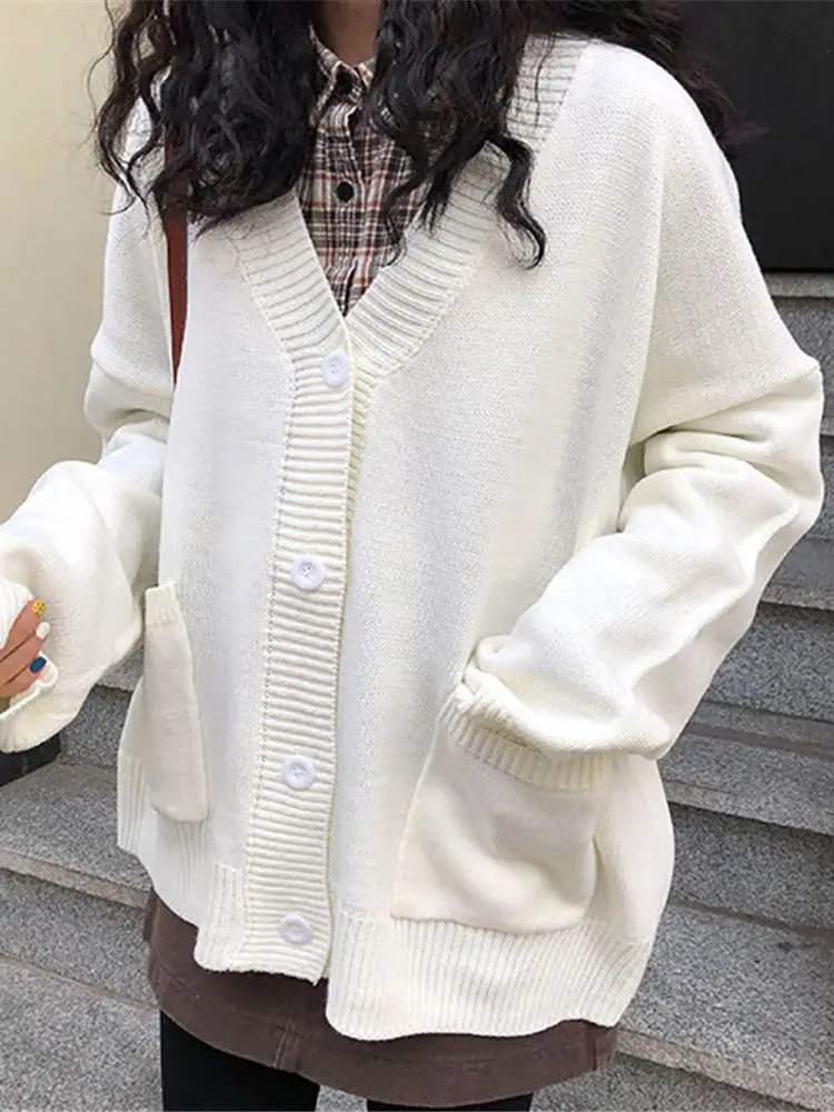 Sweaters Women Knitted Cardigan V-Neck Long Sleeve Fashion Knitting Female Autumn Elegant Green Brown Red White Black Grey Pink