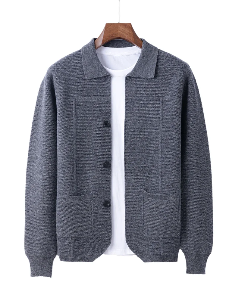 100% Merinowol Heren Revers Kraag Gebreid Vest Herfst Winter Dikker Effen Kleur Polo Hals Pak Shirt Kasjmier Jas trui