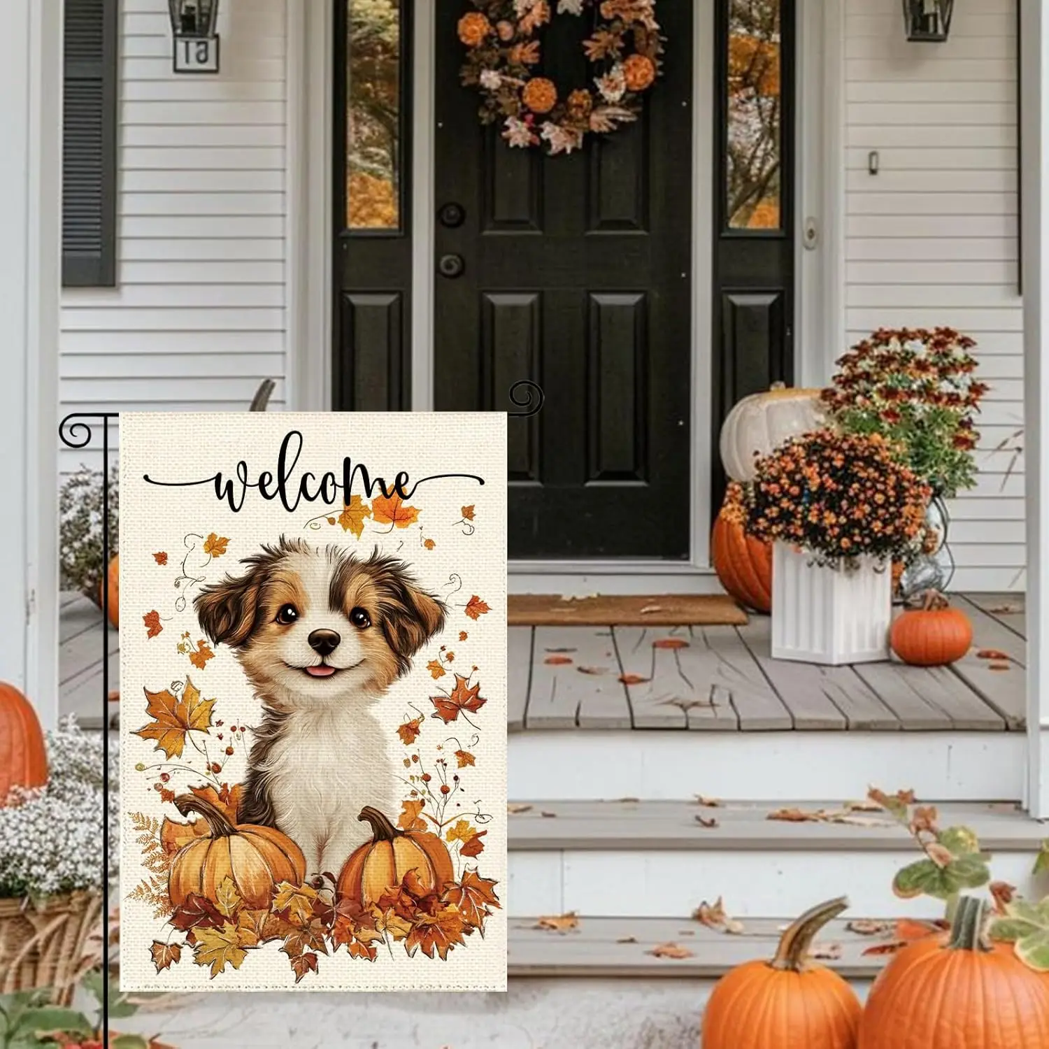 Fall Dog Pumpkin Welcome Garden Flag 12 x 18 Inch, Autumn Thanksgiving Maple Leaf Burlap Double Sided Small Flag Yard House  SSL