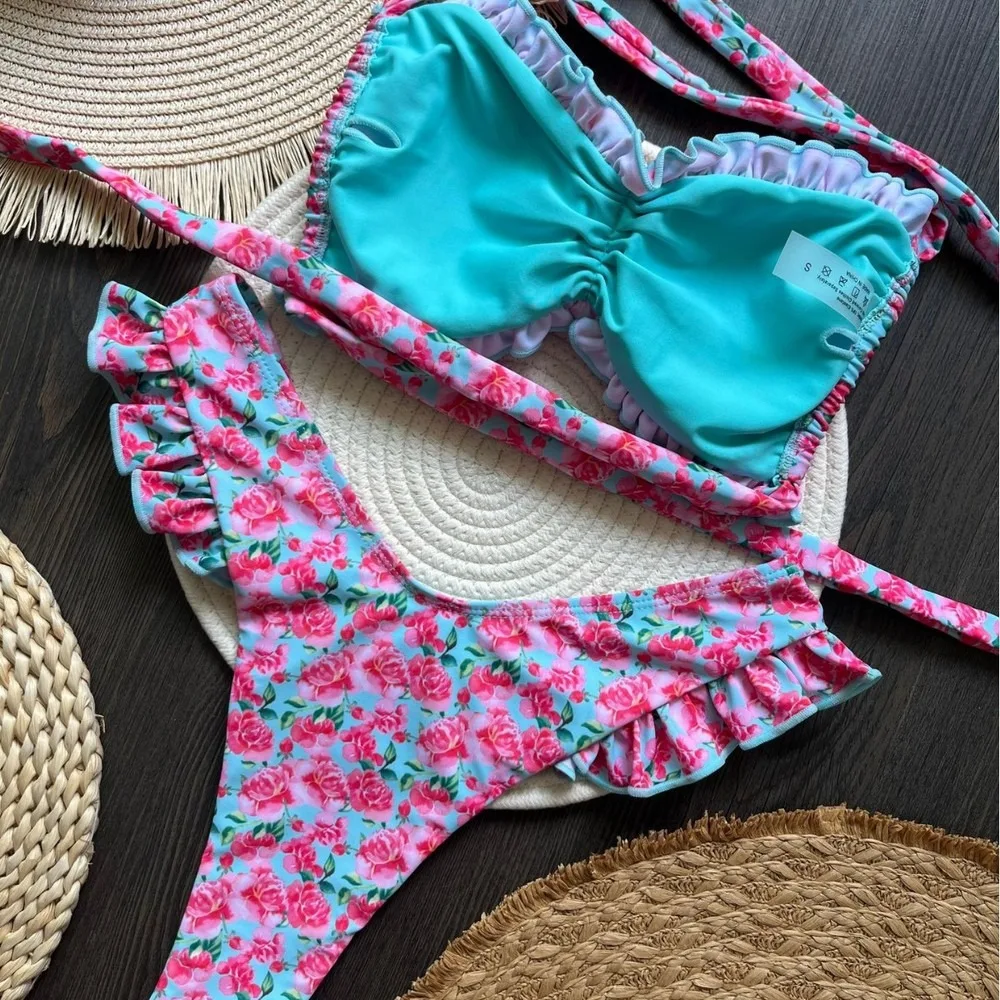 Printed Ruffle Bikini Set Low Waist Lace-Up Two Piece Swimsuit Fashion Beachwear For Women Bikini Set Women's Swimsuit Beach Swi