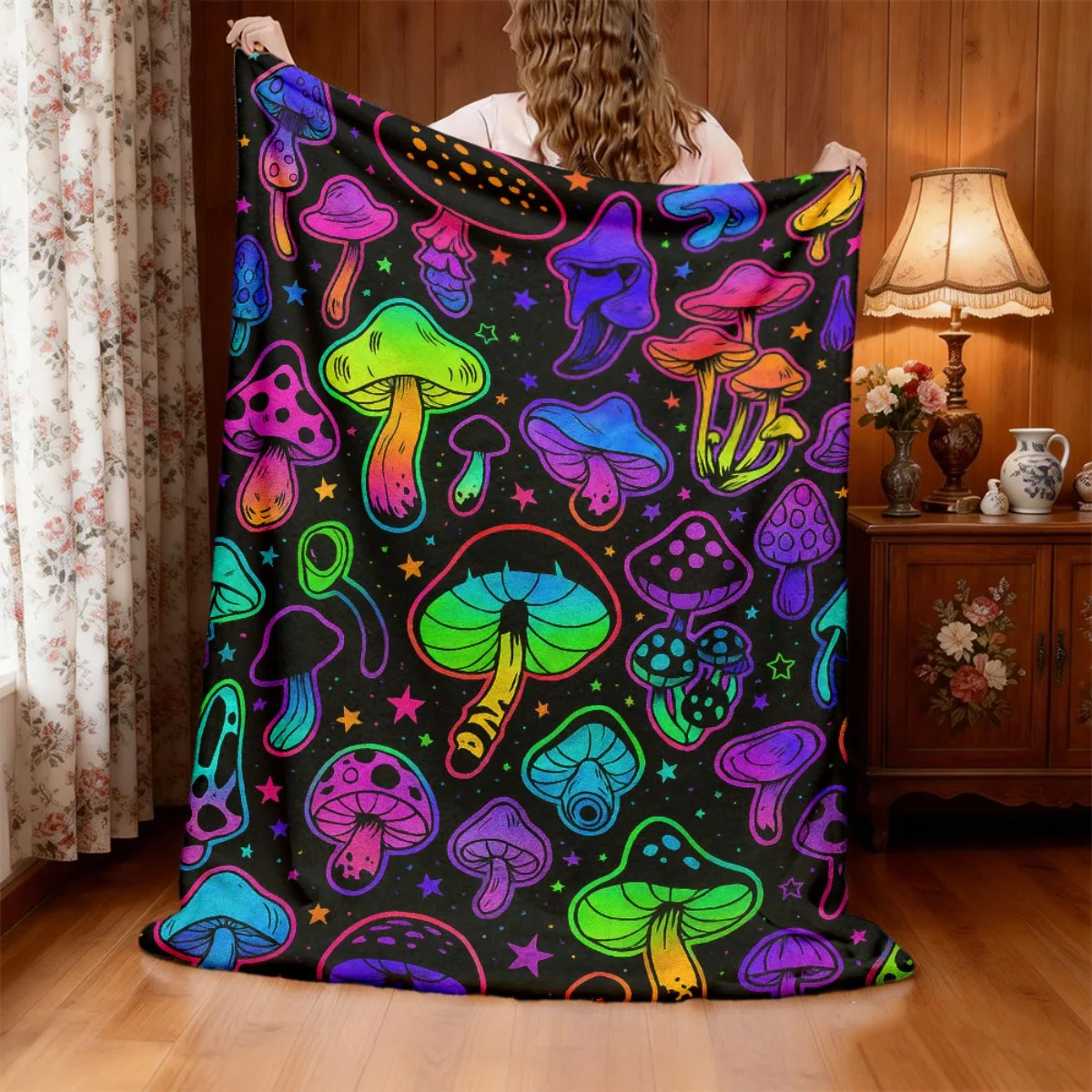 1pc a Vibrant Mushroom-Patterned Flannel Throw Blanket Featuring a Modern Design with a Fantasy Theme, Suitable for All Seasons.