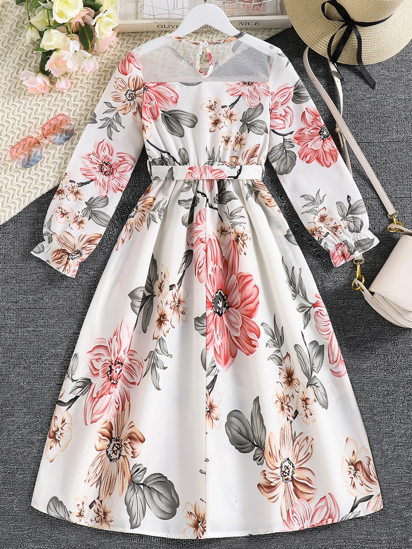 Summer New Girls Long-Sleeved Retro Printed Mesh Round Neck Splicing Casual Simple Korean Style Dress