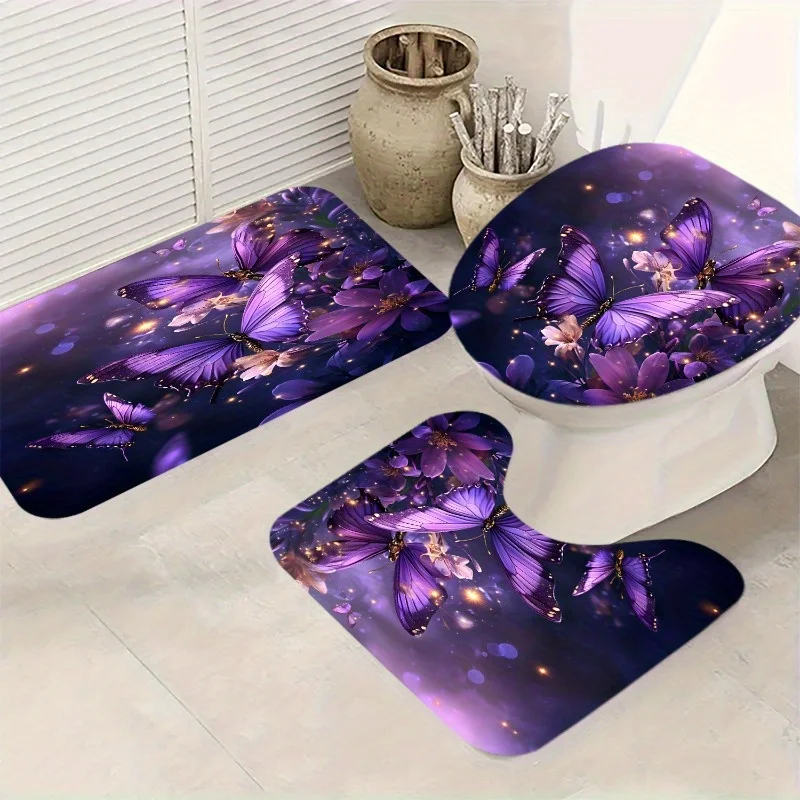 

3 Piece Purple Butterfly Bathroom Rug Set Floral Non Slip Absorbent Bath Mat Toilet Lid Cover Floor Carpet Home DecorAccessories