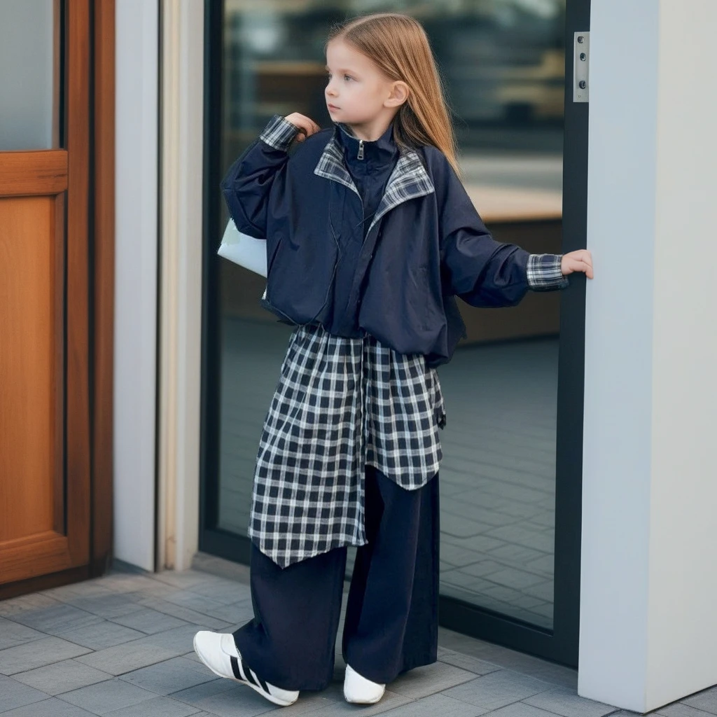 

2025 Autumn Girls Outfits Set Jacket Plaid Layered Hem Wide-Leg Pants 2-Piece Trendy Casual Tracksuit Loose Streetwear for Kids