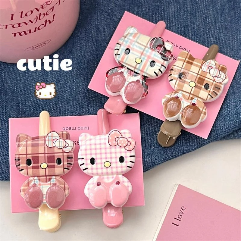 New Cute Cartoon Sanrio Checked Hello Kitty Hair Clip Girly Heart Bangs Side Clip Sweet Fashion Hair Accessories Headdress Gifts