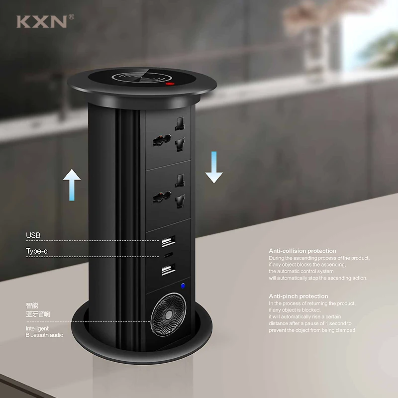 

KXN Motorized Pop Up Socket Kitchen Worktop Hidden Electrical Lift Socket Plug Retractable Outlet With WIFI Fast Charging Audio