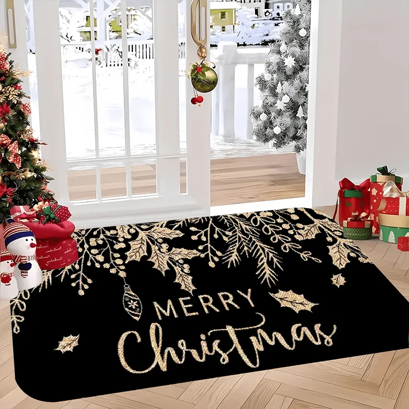 Luxury Golden Holly Pine Letter Front Entry doormat Black Base Merry Christmas Script Bauble Border Print  Porch Decor Rug