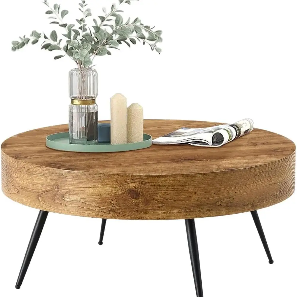 

Compact Modern 31 Brown Wooden Round Coffee Table with Storage for Small Living Spaces