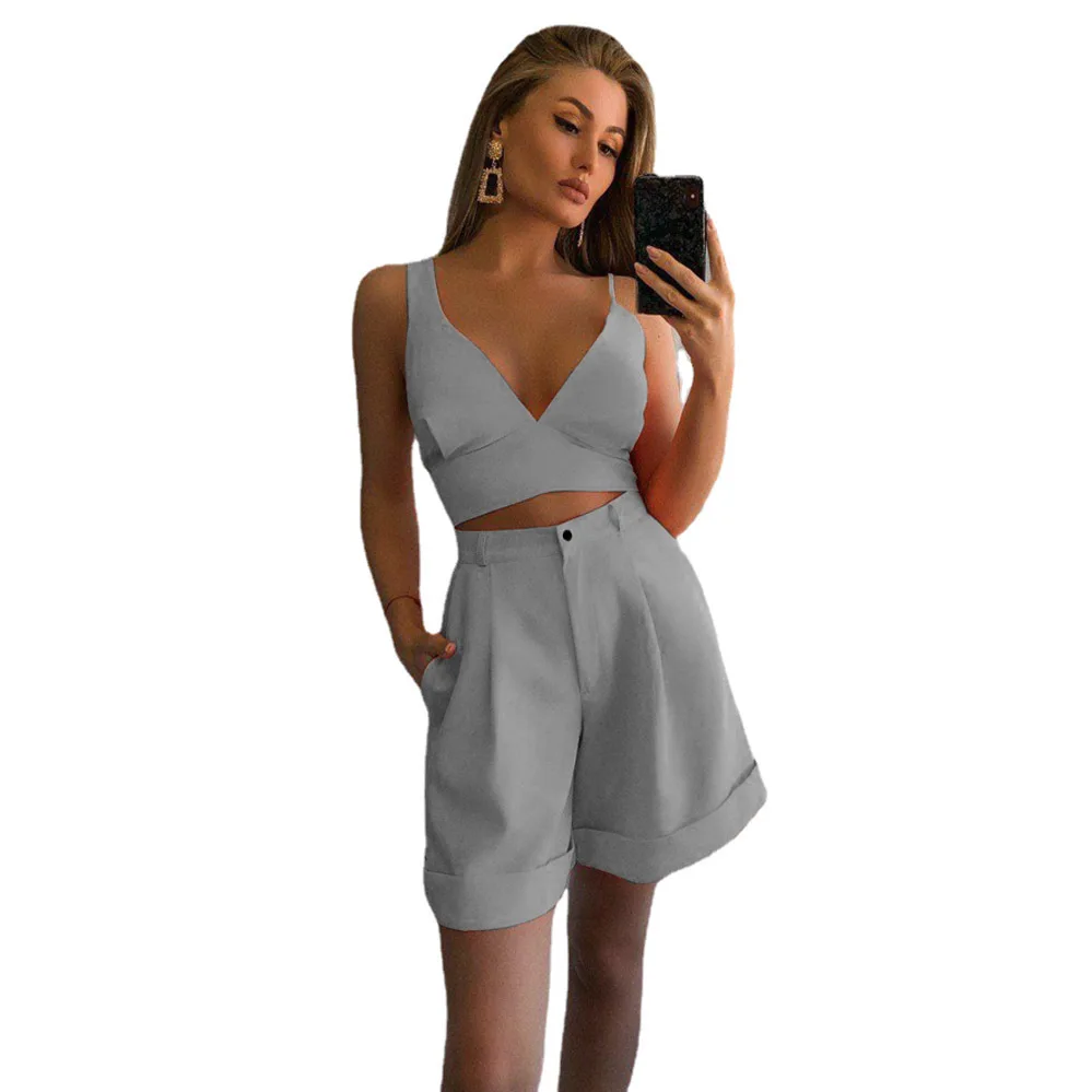 2025 Summer Cross-border Women's Solid Color Two-piece Set Tube Top High Waist Shorts Cw16941