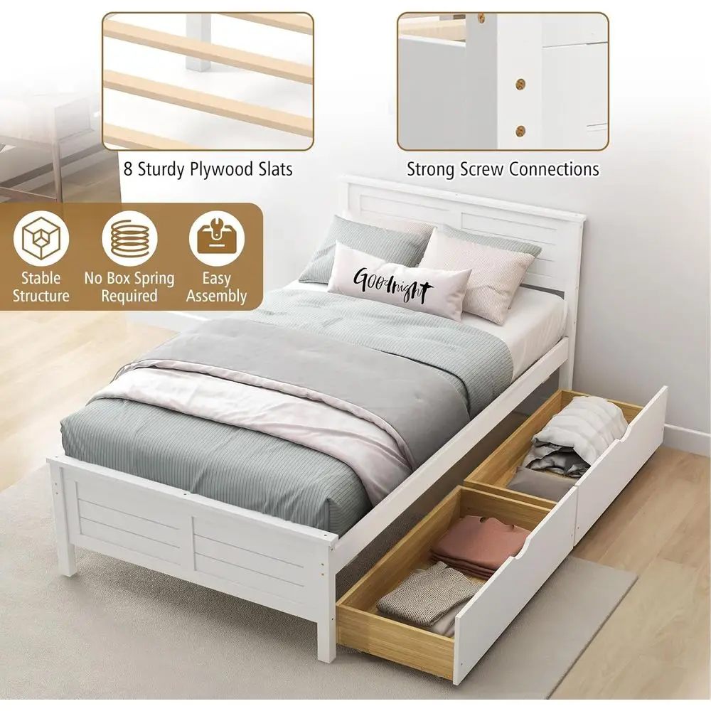 إطار سرير خشبي مزدوج من منتصف القرن مع مساحة تخزين، تصميم منصة، لوح رأسي متضمن، لا حاجة إلى صندوق زنبركي، سهل التجميع