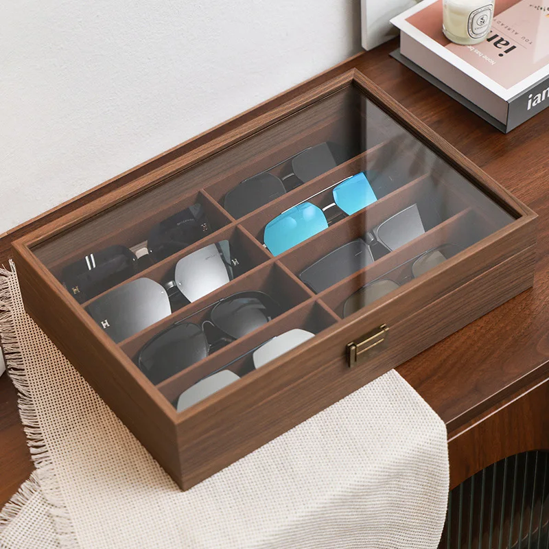 8-Grid Eyeglasses Display Case - Wooden Sunglasses Organizer Box with Transparent Lid for Home Storage