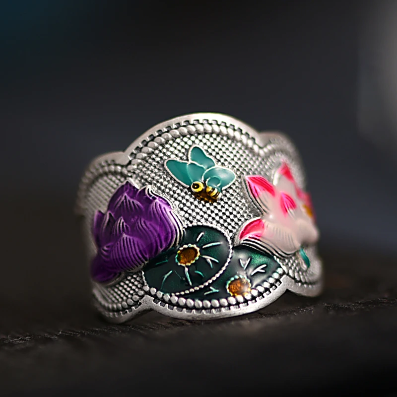 

ZABR 990 Sterling Silver Enamel Ring Women's Fashion Ethnic Style Disc Love Flower Wide Face Ring Gift