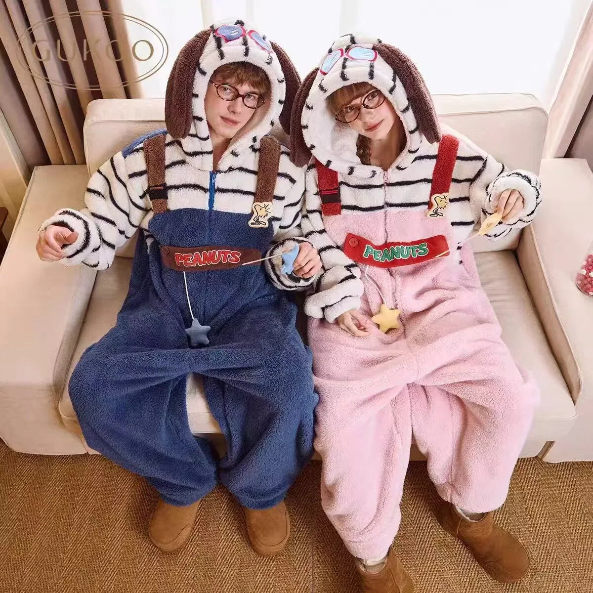 

Cartoon Snoopy Hooded Pajamas One-piece Jumpsuit Long-sleeve Coral Fleece Pajamas Autumn Winter Casual Loungewear for Adult