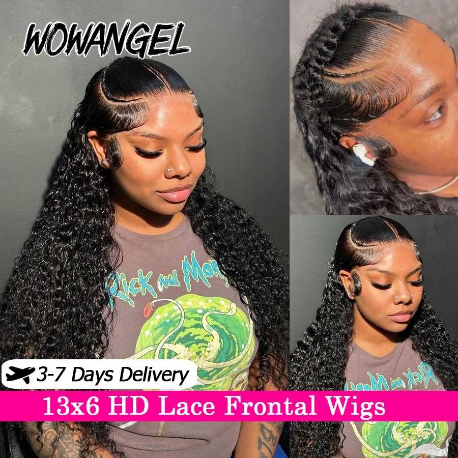 

WOWANGEL 34inch 13x6 HD Lace Front Human Hair Wig 250% Water Wave Wigs Melt Skins Deep Side Parting Brazilian Hair Curly Hair