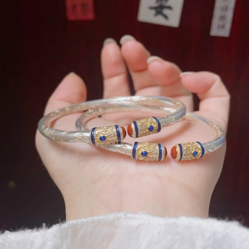 Retro Ancient Craft S999 Silver Open Bangle Embossed Tang Grass Motif Partial Gilding Enamel Gem Inlay Hypoallergenic Ladies Fin