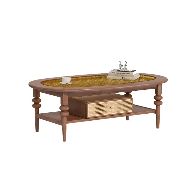 

French solid wood coffee table oval glass rattan artistic sense retro small apartment living room home antique tea table