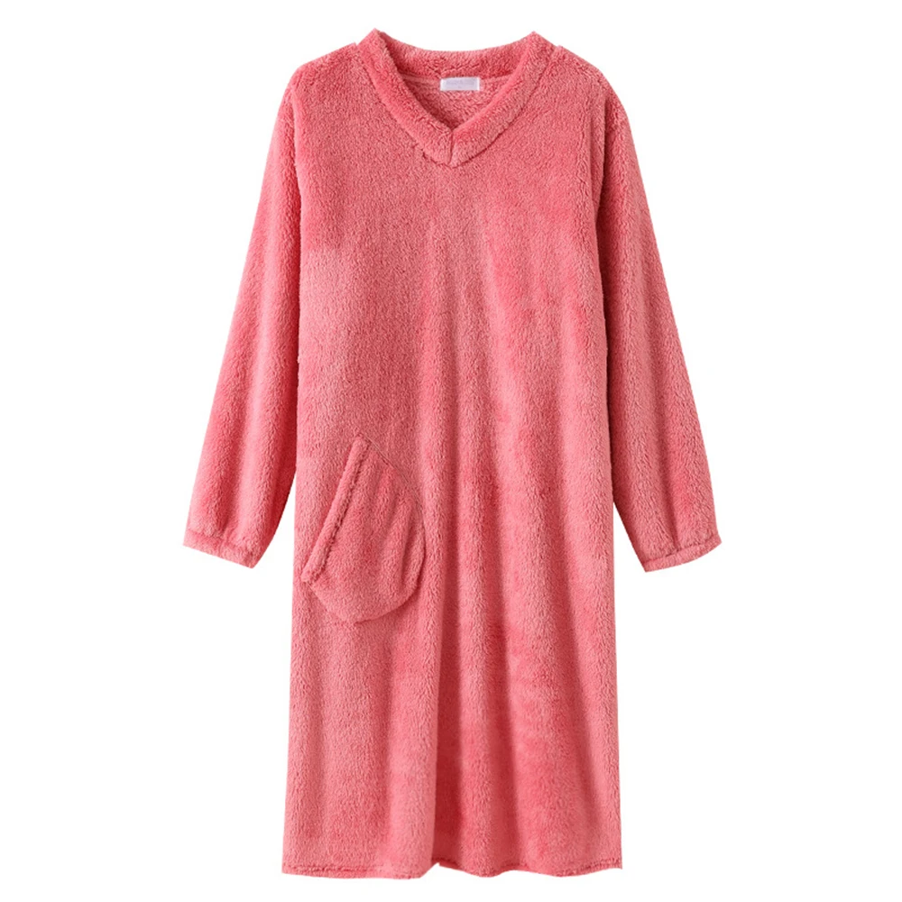 

Women's Solid Color V-neck Long-sleeved Robe Winter Flannel Warm Nightgown Plush Sleepdress Long Bathrobe Nightwear Pajamas Gown