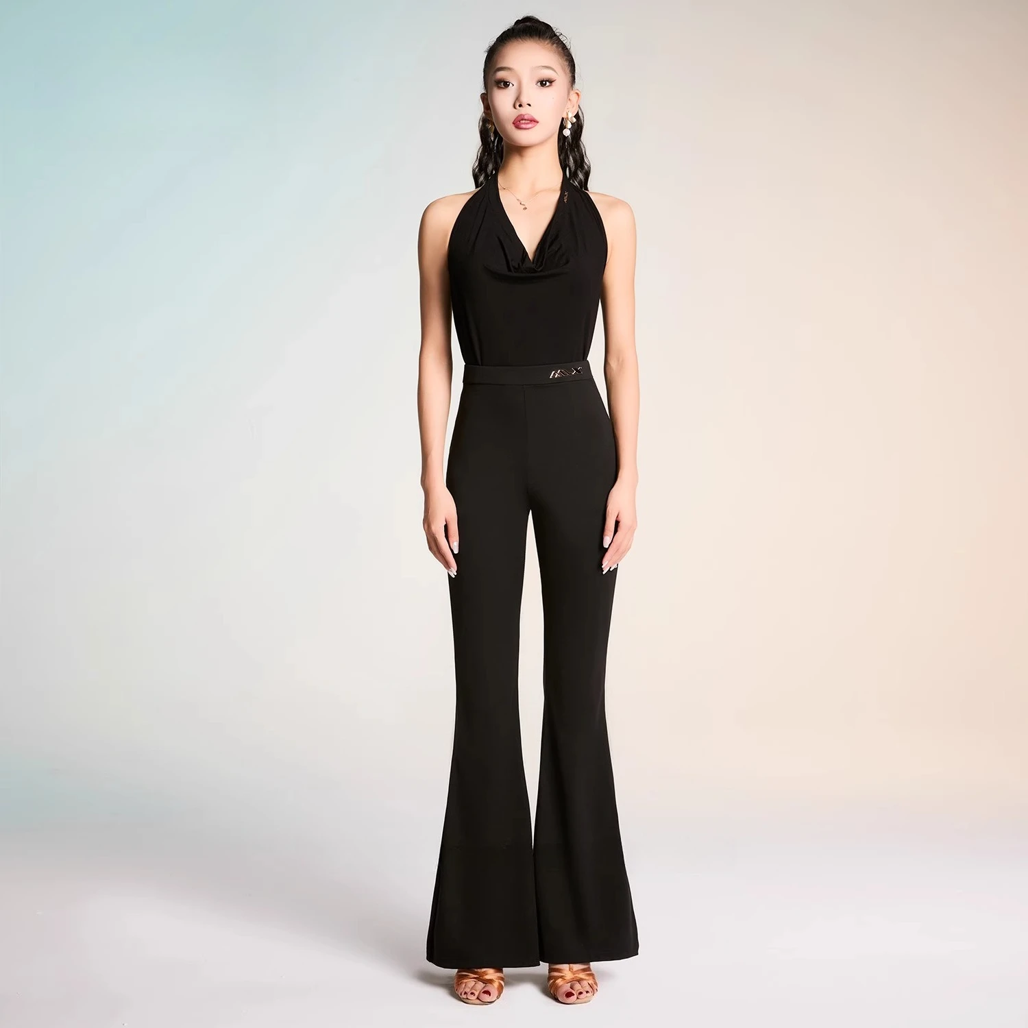 UK Latin Dance Dress High Waisted Flared Pants, Ballroom Modern Stretch Trousers for Women, Slim Fit Training Practice Bottoms