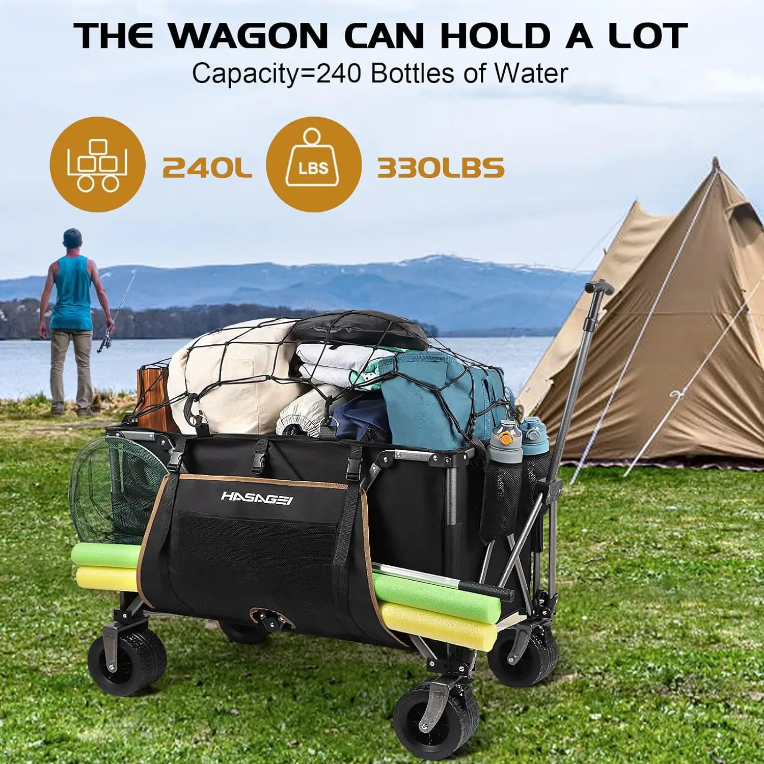 Collapsible Wagon Cart Outdoor 8.48 Cubic Feet Folding Utility Wagon 330 lbs Capacity Heavy Duty Beach Wagon with Big Wh