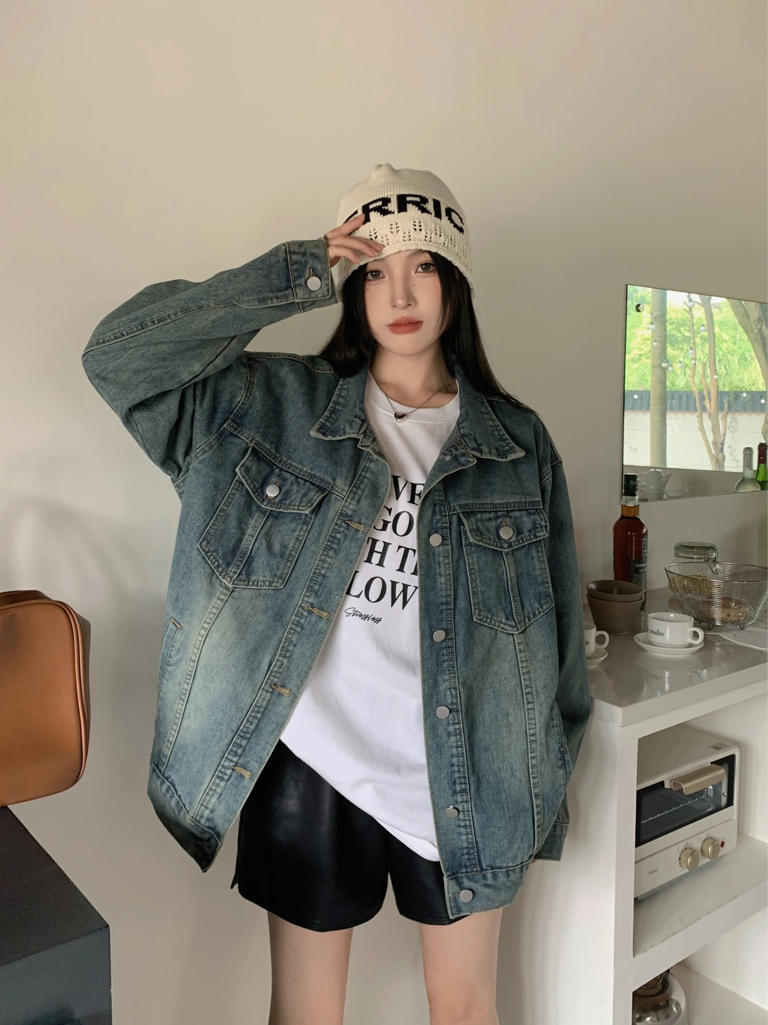 

Джинсовое пальто, длинное с мехом, женские летние куртки с несколькими карманами Amekaji, вязаные ажурные воздушные куртки три четверти с открытой передней частью