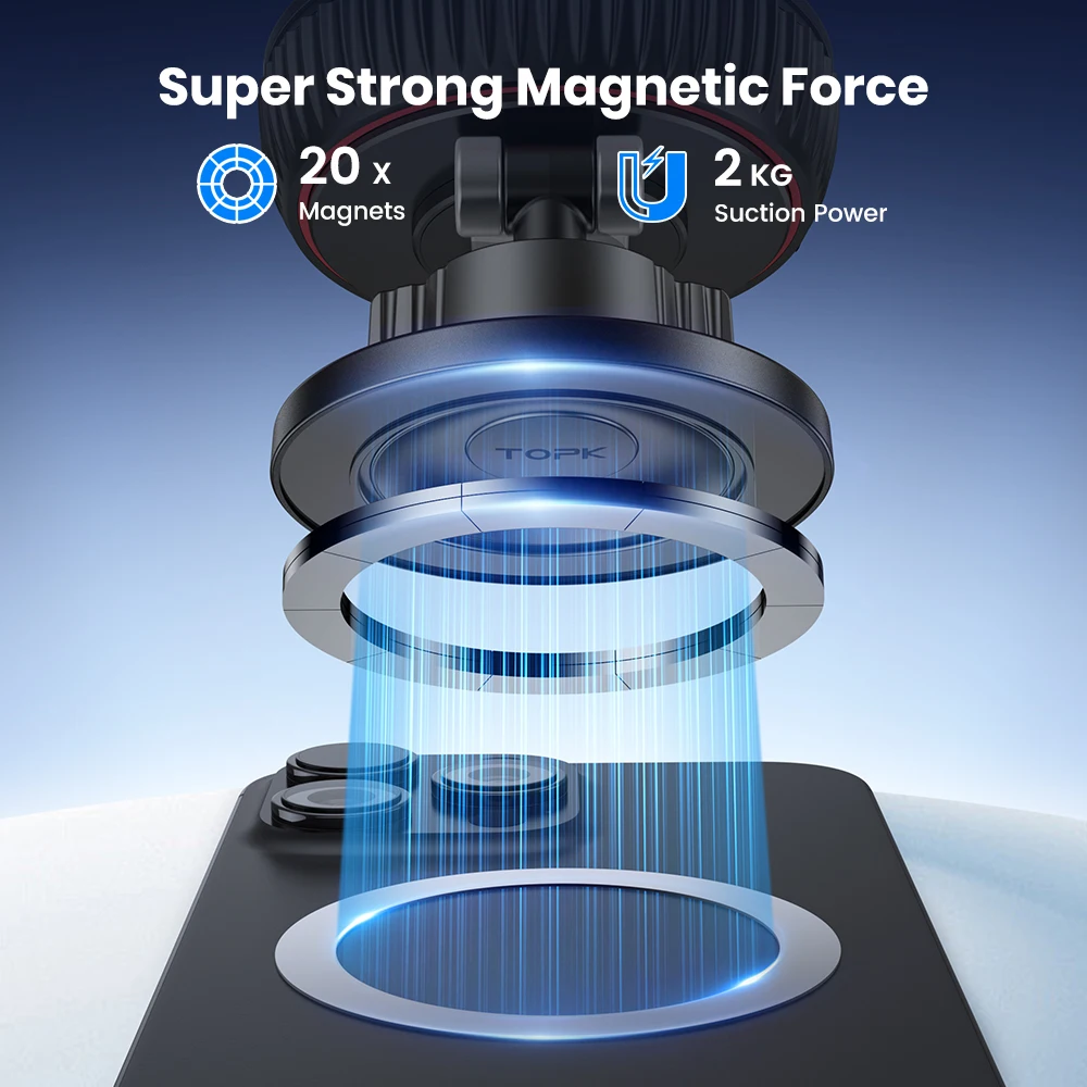 TOPK マグネット式車載スマホホルダー 折りたたみ式 Magsafe対応 360度回転 ° iPhone、Samsung用回転式吸盤スタンド、壁掛けデスクホルダー