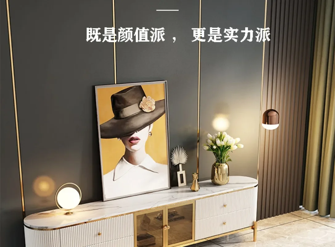 طاولة قهوة فاخرة خفيفة من بلاطة الصخور وخزانة تلفزيون وغرفة معيشة راقية وشقة صغيرة وغرفة نوم بسيطة ما بعد الحداثة وزجاج أبيض #6