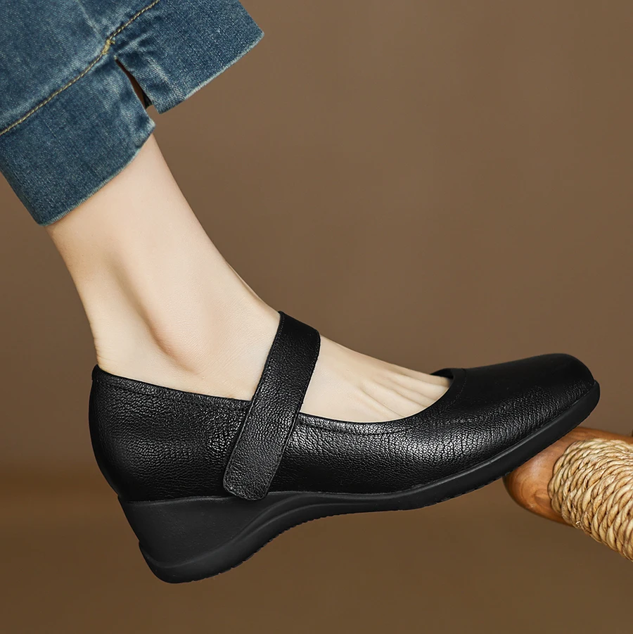 EAGSITY Grade A Cow Leather retro mary jane shoes women's wedges heel round toe ankle strap shoes footwear wedding party