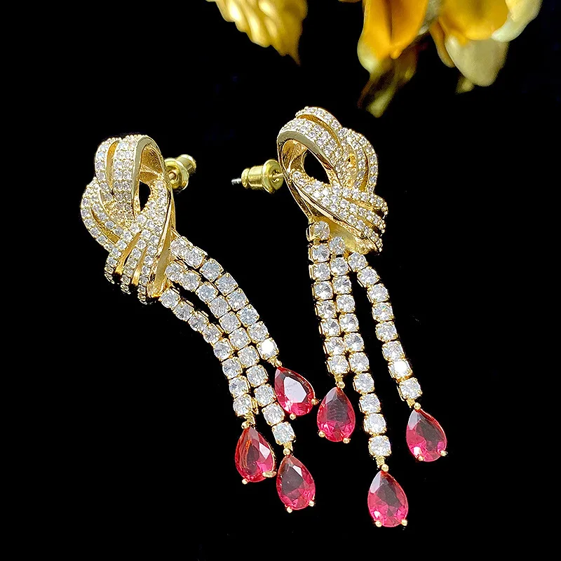 Bilincolor New Sparkling Zircon Droplet Tassel Earrings for Women