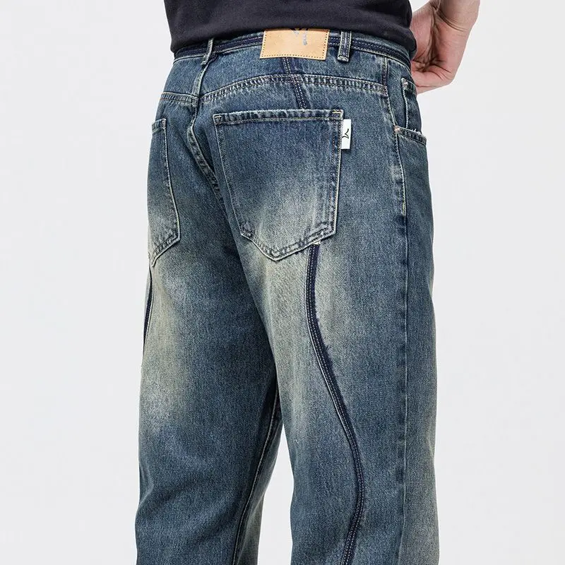 Personalized denim men's straight tube loose fitting vintage blue men jeans  American high street washed spring and autumn pants