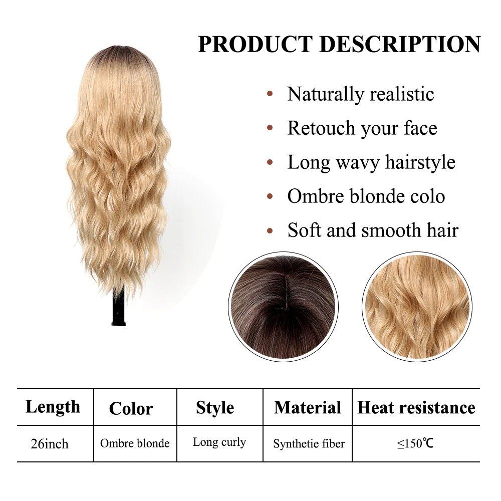 Long Curly Synthetic Wigs Blonde Ombre Water Wave Wigs with Bangs Dark Root Hair for Women Daily Machine Made Wig Heat Resistant