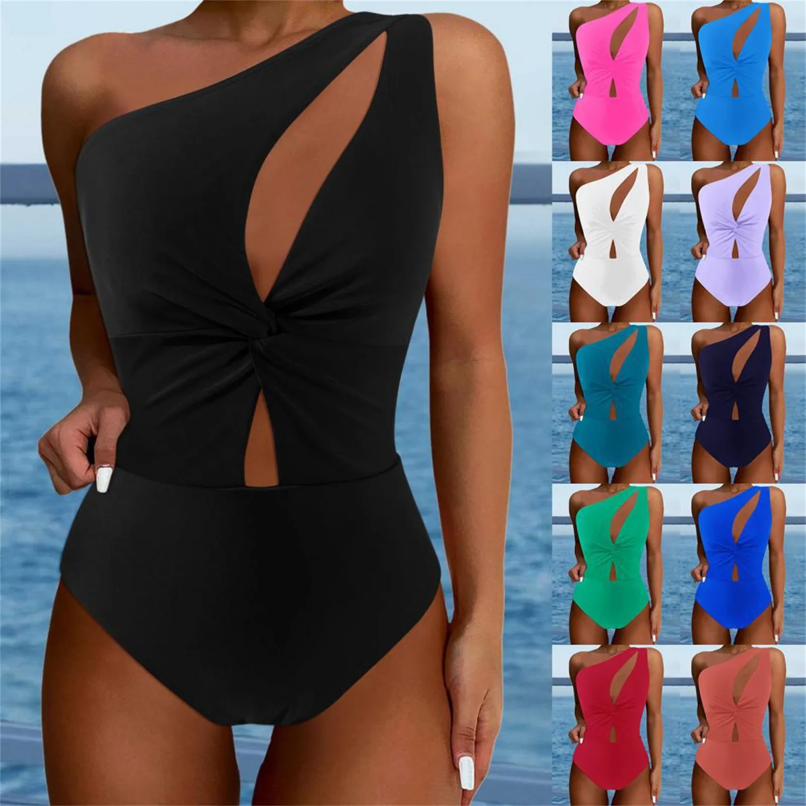 Sexy Women Swimwear Asymmetric Cut Out One Shoulder One Piece Swimsuit Female Solid Color Monokini Bather Bathing Suit Swim