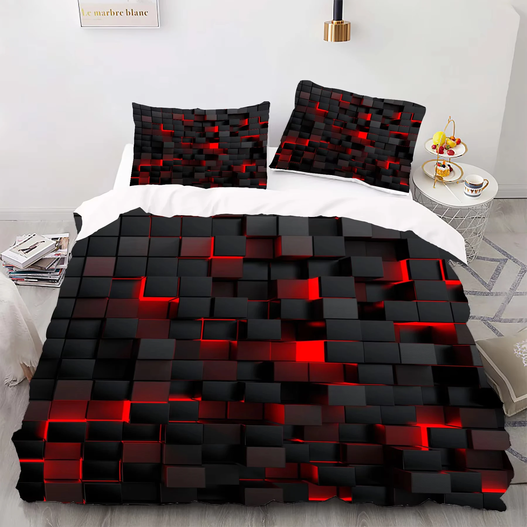 Black and Red Check style Digital Printed Duvet Set - Polyester - Bedroom Decor -1 bed cover +2 pillowcases (no pillow core)