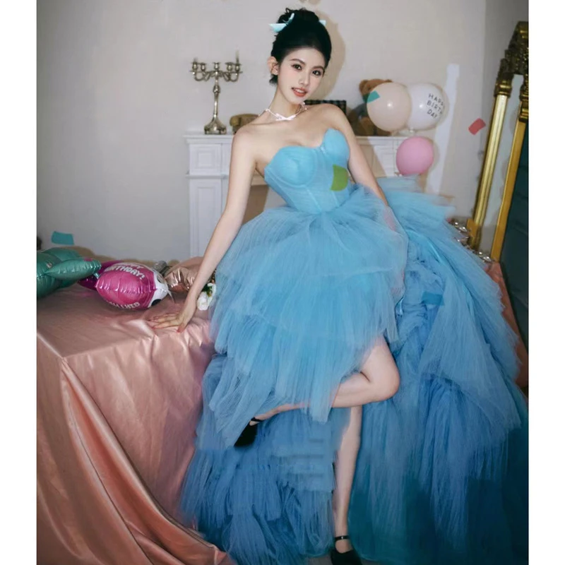 

Blue High End Women Wedding Dresses Tulle Sleeveless New Design Prom Birthday Party Gowns Formal Vestido De Noiva robe mariage