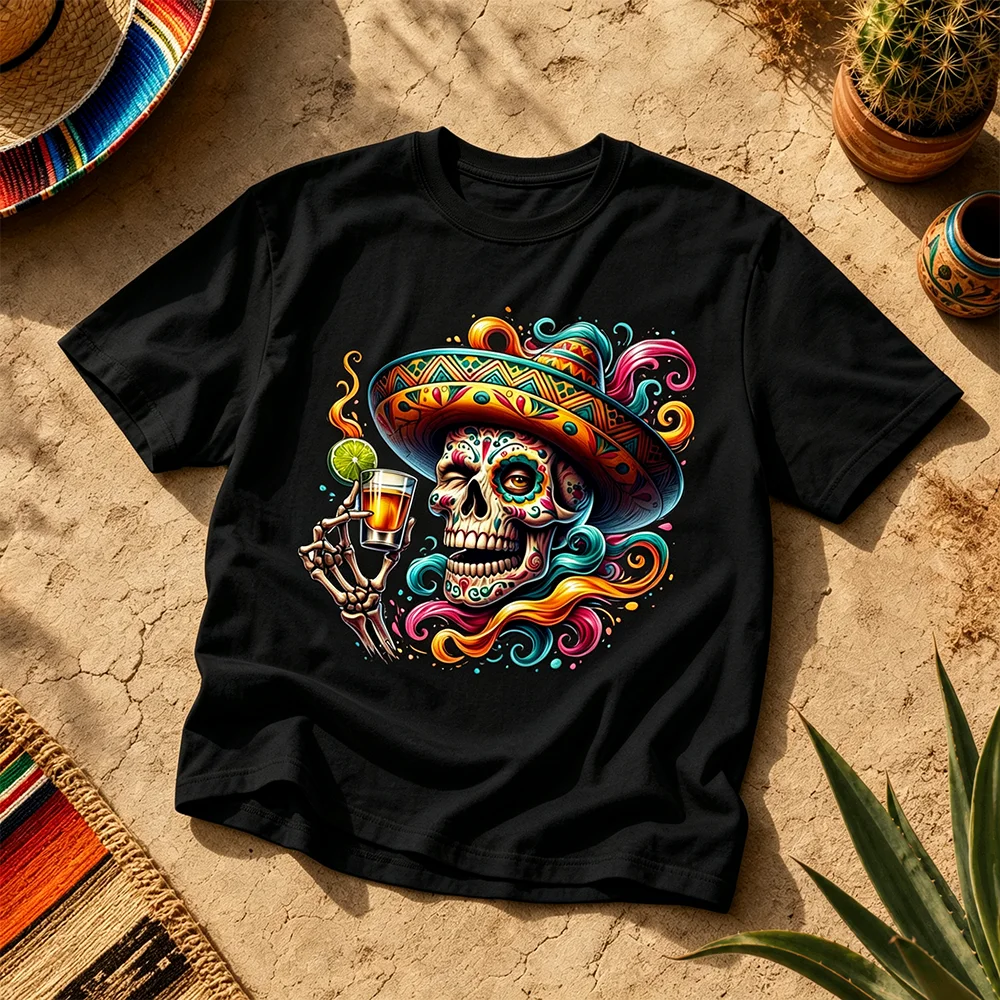 Unisex Breathable Mexican Sombrero Skull Tee Short Sleeve Parent-Child Day of the Dead Fiesta Celebration Summer Casual Clothing
