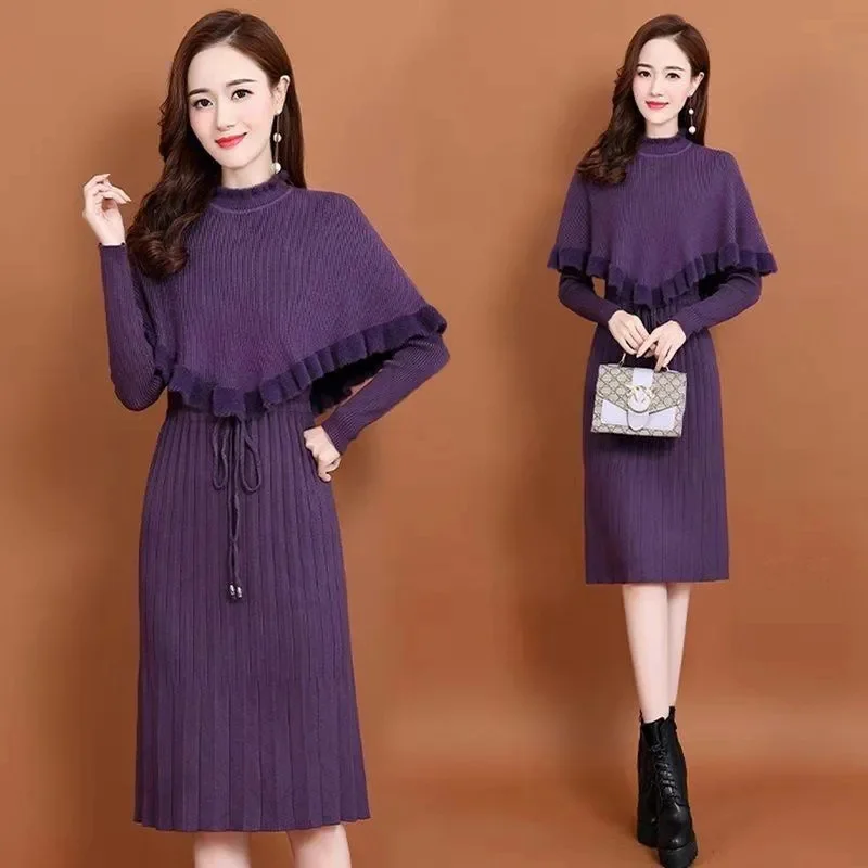 Thời Trang Mới 2021 Nữ Thu Đông Dài Áo Len Đầm Áo Thun Ấm Dệt Kim Chui Đầu Đầm + Áo Len Áo Vest 2 Miếng Bộ