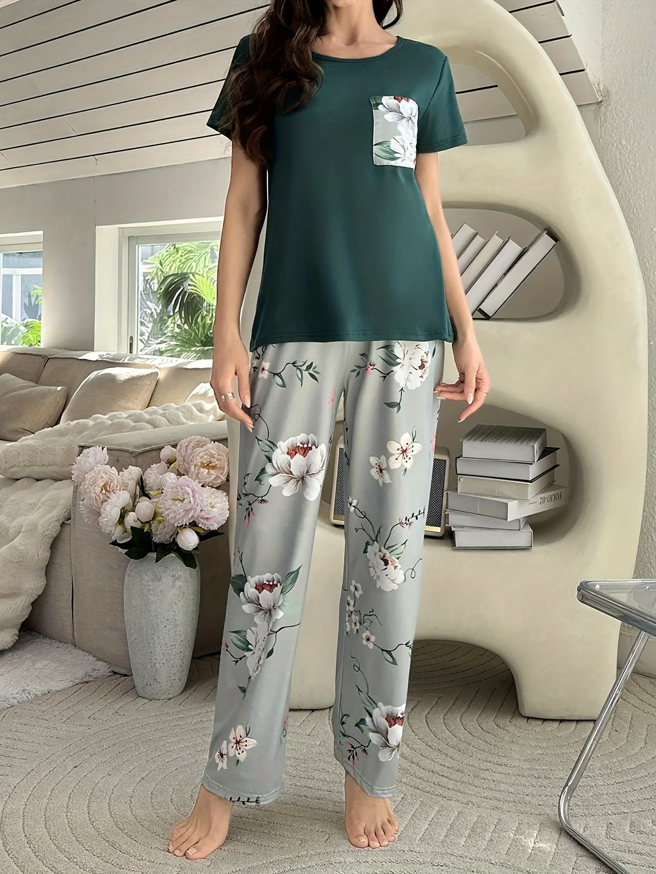 Printed trousers+pocket short-sleeved shirt pajamas set