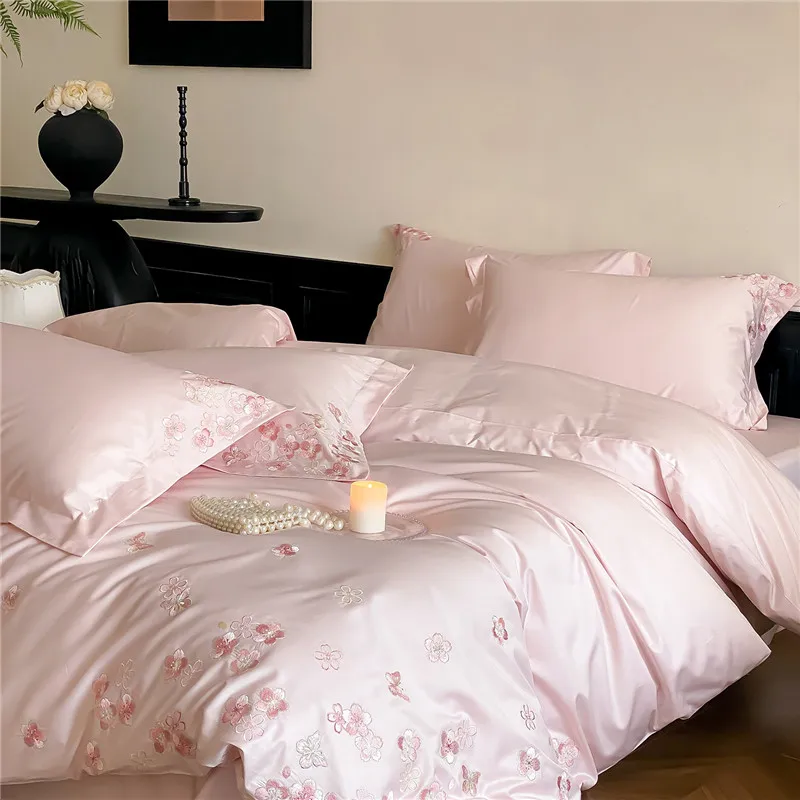 Luxury Pink Cherry Blossoms Embroidery Bedding Set 600TC Egyptian Cotton Duvet Cover Bed Sheet/Fitted Sheet Pillowcases 4Pcs