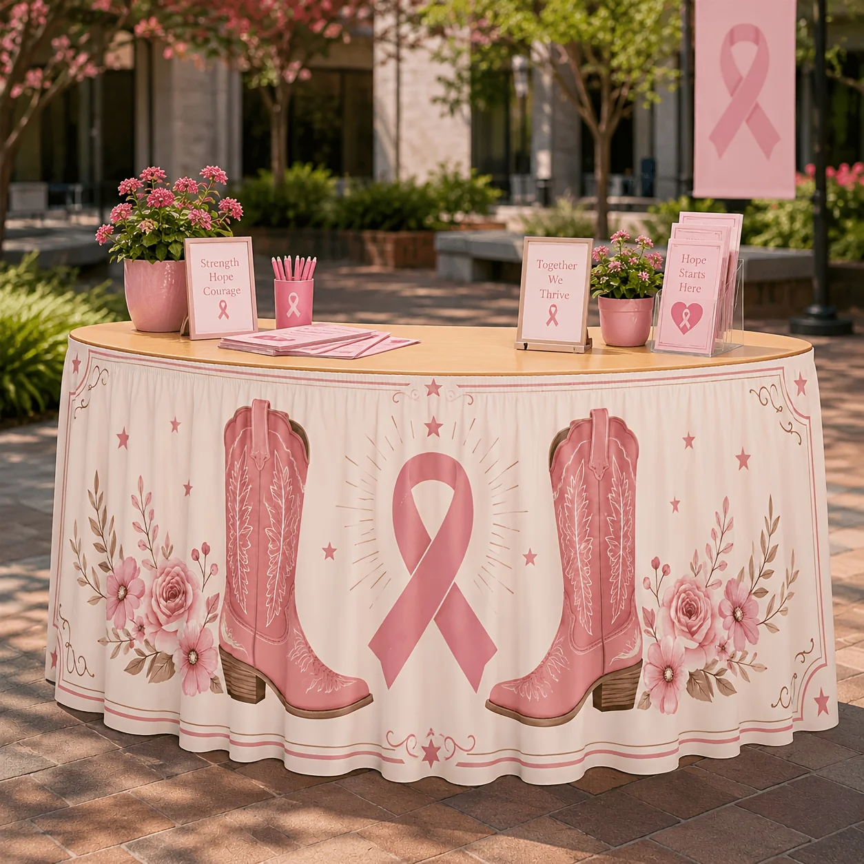 1 falda de mesa con diseño de prevención del cáncer de mama, estilo western, con botas vaqueras rosas, lazo rosa y flor rosa