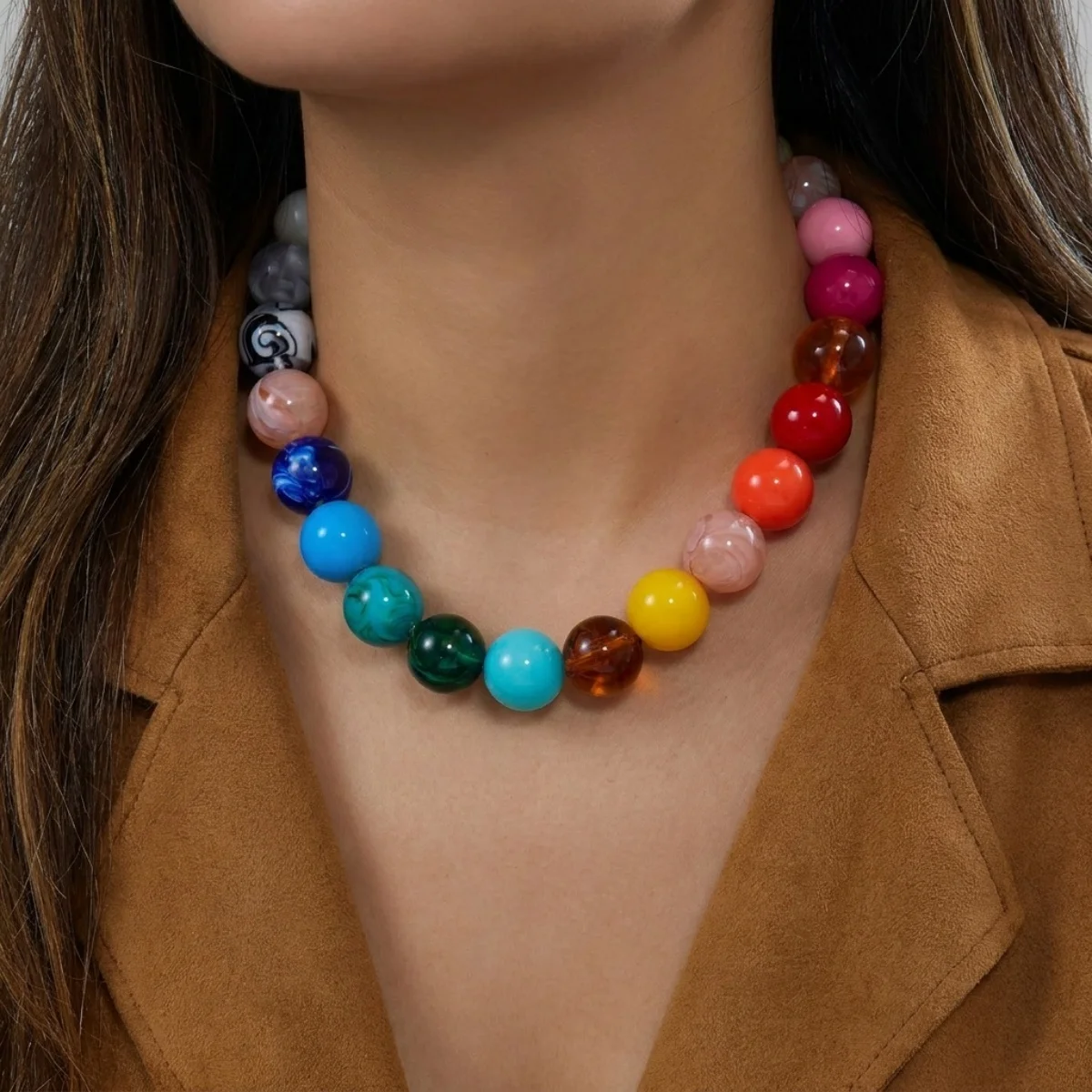 Bunter Acryl-Rundperlen-Schal mit Aufdruck, Seestern-Halskette für Frauen, Doppelschichtiger Edelstahl-Stern-Choker-Schmuck – Detail 20
