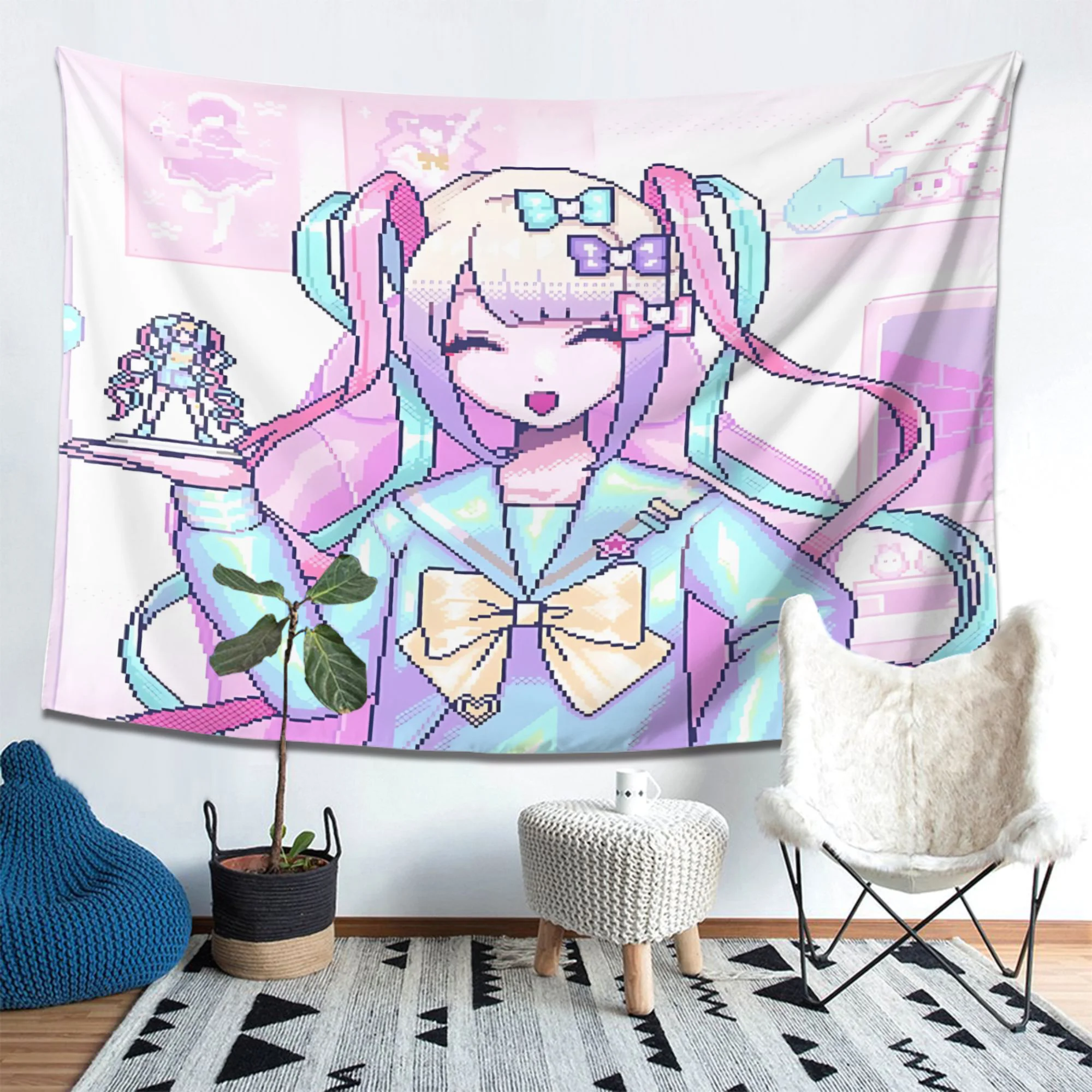 قطعة واحدة من نسيج K-AN-G-EL Nso Peach Light Beige - معلق على الحائط بنمط الرسوم المتحركة النابضة بالحياة مع شخصية شعر وردية، تصميم أزرق وأرجواني،