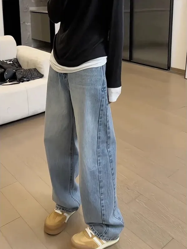 라이트 블루 여성 청바지 하이 웨이스트 스트레이트 레그 얇은 여름 바지 한국 스타일 루즈 와이드 레그 소형 사이즈 캐주얼 데님