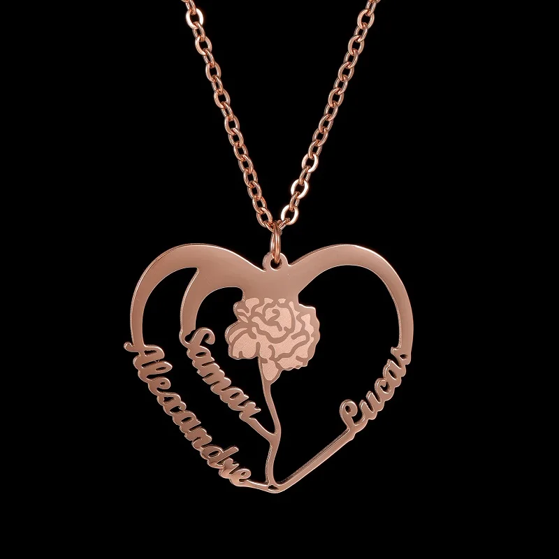 365 nome personalizado forma de coração nome colar de aço inoxidável personalizado gravado flor encantador pingente para mulheres meninas jóias
