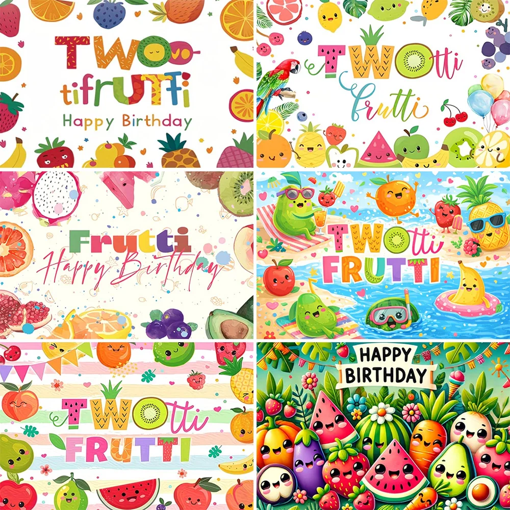 

Cartoon Fruit 2th Happy Birthday Party Decoration Background Blueberry Orange Strawberry Backdrop Fruit Wall Photography Banner