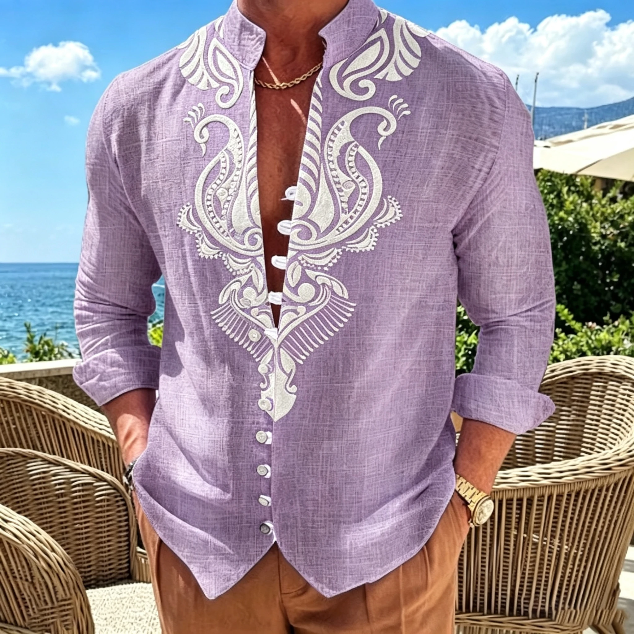 Men's stand-up collar long-sleeved shirt, peacock print shirt, plus size vacation color-blocked button cardigan.